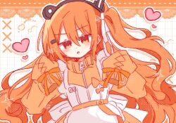  1girl a.i._voice adachi_rei alternate_hair_length alternate_hairstyle apron ganbaritaina_07 heart highres jacket jersey_maid long_hair long_sleeves looking_at_viewer maid orange_eyes orange_hair orange_jacket sleeves_past_fingers sleeves_past_wrists solo unconventional_maid upper_body utau very_long_hair white_apron zipper 