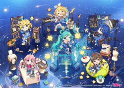  2boys 4girls :d ;d ^_^ amplifier aqua_eyes aqua_hair artist_name bass_guitar blonde_hair blue_eyes blue_hair blue_jacket blue_shoes blue_theme book book_stack bow_hairband braid braided_hair_rings brown_eyes brown_hair camera chair character_doll character_name chibi chibi_only closed_eyes commentary_request company_name computer copyright_notice cup disposable_coffee_cup disposable_cup doll earrings full_body glowstick grin hair_ornament hair_rings hairband hatsune_miku holding holding_book holding_camera holding_glowstick instrument jacket jewelry kagamine_len kagamine_rin kaito_(vocaloid) keyboard_(instrument) laptop long_hair looking_at_viewer magical_mirai_(vocaloid) magical_mirai_kaito magical_mirai_kaito_(2025) magical_mirai_len magical_mirai_len_(2025) magical_mirai_luka magical_mirai_luka_(2025) magical_mirai_meiko magical_mirai_meiko_(2025) magical_mirai_miku magical_mirai_miku_(2025) magical_mirai_rin magical_mirai_rin_(2025) mannequin megurine_luka meiko_(vocaloid) microphone mmlu_(honwa_karesu) multiple_boys multiple_girls needle official_art one_eye_closed open_mouth orange_hairband paintbrush paper photo_(object) pink_hair printer second-party_source shoes sitting sketchbook smile star_(symbol) star_hair_ornament tassel tassel_earrings twin_braids twintails very_long_hair vocaloid 