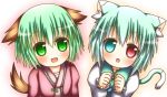  2girls animal_ears blue_eyes blue_hair blush cat_ears cat_tail clenched_hands fang green_eyes green_hair hestia kasodani_kyouko looking_at_viewer looking_up multiple_girls open_mouth red_eyes tail tatara_kogasa touhou 