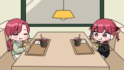  2girls :t =_= black_jacket brown_eyes burger ceiling_light chibi closed_eyes closed_mouth commentary_request couch cup disposable_cup drinking_straw eating food green_shirt grey_skirt hair_ribbon heterochromia highres holding holding_food hololive hood hood_down hooded_jacket houshou_marine houshou_marine_(summer) indoors jacket low_ponytail mochimiko multiple_girls on_couch ponytail red_eyes red_hair red_ribbon ribbon shirt siblings sisters skirt table tray twintails virtual_youtuber wavy_mouth window 