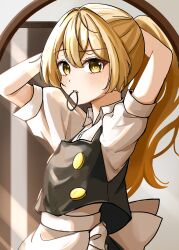  1girl absurdres alternate_hairstyle apron arms_behind_head back_bow black_skirt black_vest blonde_hair blush bow collared_shirt commentary hair_tie_in_mouth highres kirisame_marisa long_hair looking_at_mirror mirror mouth_hold ponytail puffy_short_sleeves puffy_sleeves reflection shirt short_sleeves skirt solo temmie_(temi_maru) touhou tying_hair vest waist_apron white_apron white_bow white_shirt yellow_eyes 