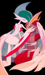  2others arm_blade bisharp black_background capelet closed_eyes colored_skin comforting facing_another gallade green_hair grey_helmet grey_trim hand_on_another&#039;s_cheek hand_on_another&#039;s_face hand_on_another&#039;s_head hand_on_helmet heads_together helmet highres kissing_head kneeling leaning_on_person mega_gallade mohawk multiple_others no_mouth on_ground pokemon pokemon_(creature) pokemon_focus protecting red_helmet red_trim shoulder_pads two-tone_helmet umi-be-to weapon white_capelet white_skin wide_hips 