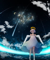  1girl absurdres angel angel_wings closed_eyes closed_mouth clouds collarbone commentary_request crescent_moon dress expressionless fisheye foot_out_of_frame halo highres horizon meteor_shower moon night night_sky nor_ni original outdoors scenery short_hair sky sky_focus sleeveless sleeveless_dress solo spaghetti_strap standing star_(sky) starry_sky traditional_halo white_dress white_hair white_wings wings 
