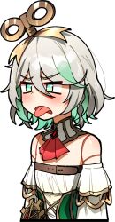  1girl ascot bare_shoulders blush cecilia_immergreen cecilia_immergreen_(1st_costume) ddolbang detached_sleeves disgust doll_joints frown green_eyes green_hair grey_hair highres hololive hololive_english joints multicolored_hair open_mouth red_ascot short_hair solo tongue tongue_out transparent_background two-tone_hair upper_body virtual_youtuber 