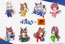  6+girls ahoge animal_ears autobacs bare_shoulders belno_light_(umamusume) blue_bow blue_eyes blue_jumpsuit bow braid brown_hair chibi closed_mouth clothes_around_waist clouds commentary_request ear_bow ear_covers ear_ornament ear_ribbon earrings eyewear_on_head flower gloves green_eyes green_jumpsuit grey_hair grey_sports_bra grey_tail grey_tank_top hair_between_eyes hair_flaps hair_flower hair_ornament hairband hairclip hat headband holding holding_wrench horse_ears horse_girl horse_tail jacket jacket_around_waist jewelry jumpsuit letter_hair_ornament long_hair long_sleeves looking_at_viewer maruzensky_(umamusume) medium_hair mr._c.b._(umamusume) multicolored_hair multiple_girls navel official_art oguri_cap_(umamusume) open_mouth pink_jumpsuit promotional_art purple-tinted_eyewear red_jumpsuit sakura_chiyono_o_(umamusume) shirt shoes short_hair shorts smile sports_bra streaked_hair super_creek_(umamusume) symboli_rudolf_(umamusume) t-shirt tail tamamo_cross_(umamusume) tank_top tinted_eyewear tool_belt tools two-tone_hair umamusume umamusume:_cinderella_gray v very_long_hair violet_eyes white_hair wrench yellow_jumpsuit 