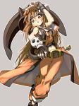  1girl anchor ankle_boots boots brown_eyes brown_hair fingerless_gloves flat_chest gloves guilty_gear guilty_gear_xrd hat hat_tip huge_weapon long_hair may_(guilty_gear) navel pants_rolled_up pirate_hat skull skull_and_crossbones solo weapon yskysk 