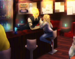  1boy 1girl 2020 2d bar_(place) bartender black_gloves black_necktie black_vest blonde_hair blue_flower bottle commentary counter deviantart_sample digital_media echo_flower elemental_(creature) english_commentary female fire_elemental flaming_head floor flower glasses gloves glowing glowing_flower grey_jacket grillby highres human humanoid image_sample indoors jacket jeans leaning_forward male mmhinman monster monster_boy necktie no_mouth on_stool original original_character pants paper red_shoes restaurant shelf shoes simple_background sitting sneakers stool table undertale uniform utdr_(toby_fox) vest white_background wooden_floor 