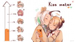  3girls anger_vein blush brown_hair brown_jacket brown_streaks cecilia_immergreen cellphone closed_eyes closed_mouth collared_shirt commentary dotted_background earphones english_commentary expressionless fang flying_sweatdrops gigi_murin green_eyes green_streaks heart highres holding holding_phone hololive hololive_english jacket kiss kiss_meter_(meme) kissing_cheek long_hair meme mole mole_under_eye mori_calliope multiple_girls phone pink_hair school_uniform shared_earphones shirt short_hair smartphone smile sticker_sr virtual_youtuber white_hair white_shirt winding_key yuri 