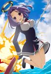  1girl blue_sky blush clouds explosion glaive gloves jumping kantai_collection lace-trimmed_skirt loafers looking_at_viewer mechanical_halo no_socks open_mouth personification purple_hair school_uniform shoes short_hair skirt sky solo tamaoka_kagari tatsuta_(kantai_collection) violet_eyes water 