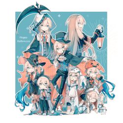  baker_nemo_(fate) blonde_hair blue_eyes cape captain_nemo_(fate) cosplay engineer_nemo_(fate) eyepatch fang fate/grand_order fate_(series) frankenstein&#039;s_monster frankenstein&#039;s_monster_(cosplay) ghost_costume glasses halloween_costume happy_halloween hat hat_feather highres holding holding_lantern holding_scythe hood jack-o&#039;-lantern_hat lantern long_hair marine_nemo_(fate) medical_eyepatch nemo_(fate) nemo_(fate/grand_order_arcade) noah_(fate) nurse_cap nurse_nemo_(fate) professor_nemo_(fate) remo_lar scythe skin_fang smile top_hat twintails vampire_costume waving witch_hat wrist_cuffs 