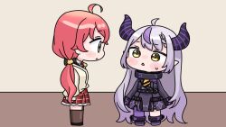  2girls :&lt; ahoge black_boots black_bow black_dress blush_stickers boots bow braid braided_bangs brown_eyes brown_jacket brown_thighhighs chibi collared_shirt demon_horns dress garter_straps green_eyes grey_hair hair_bow hololive horns indoors jacket la+_darknesss la+_darknesss_(1st_costume) long_hair long_sleeves low_twintails mochimiko multicolored_hair multiple_girls parted_lips pink_hair plaid_clothes plaid_skirt pointy_ears puffy_long_sleeves puffy_sleeves purple_hair purple_thighhighs red_skirt sakura_miko shirt single_thighhigh skirt sleeves_past_wrists small_sweatdrop standing streaked_hair sweat thigh-highs thighhighs_under_boots triangle_mouth twintails very_long_hair virtual_youtuber white_shirt 