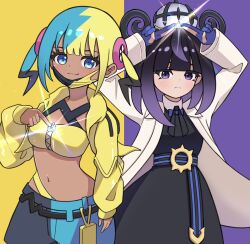  2girls aqua_hair aqua_pants belt belt_buckle black_belt black_dress black_hair black_pants blonde_hair blue_belt blue_gloves blunt_bangs bob_cut buckle canari_(pokemon) closed_mouth coat crop_top cropped_jacket dark-skinned_female dark_skin dress eyelashes frown gloves glowing gradient_hair gwynn_(pokemon) hat highres jacket long_sleeves looking_at_viewer mask_pull mega_stone multicolored_hair multiple_girls navel o-ring o-ring_belt open_clothes open_coat open_jacket pants partially_fingerless_gloves pokemon pokemon_legends:_z-a purple_background purple_hair relight short_hair smile split-color_hair twintails two-tone_background two-tone_belt two-tone_pants violet_eyes white_coat yellow_background yellow_jacket 
