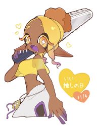 1girl 333surimi blonde_hair breasts colored_eyelashes colored_fingertips colored_tongue crop_top cropped_legs dark-skinned_female dark_skin earrings fangs frye_(deep_cut_outfit)_(splatoon) frye_(splatoon) highres inkling jewelry long_pointy_ears multiple_earrings open_mouth pants pointy_ears purple_tongue shawl solo splatoon_(series) splatoon_3 tentacle_hair tooth_earrings yellow_eyes yellow_shawl 