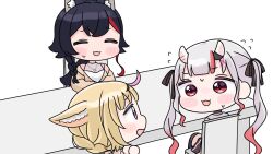  3girls :d ^_^ animal_ear_fluff animal_ears black_bow black_choker black_hair black_skirt black_thighhighs blonde_hair blush_stickers bow braid brown_jacket chair chibi choker closed_eyes flying_sweatdrops fox_ears grey_hair grey_shirt hair_bow hair_ornament highres hololive horns jacket long_hair low_ponytail mochimiko multicolored_hair multiple_girls nakiri_ayame nakiri_ayame_(streetwear) omaru_polka omaru_polka_(casual) on_chair oni ookami_mio ookami_mio_(street) over-kneehighs pink_hair pleated_skirt ponytail profile red_eyes red_hair shirt simple_background skirt small_sweatdrop smile streaked_hair sweat table thigh-highs twintails very_long_hair violet_eyes virtual_youtuber white_background white_shirt wolf_ears x_hair_ornament 