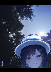  1girl absurdres black_hair blue_eyes blue_hair blush cevio dappled_sunlight day dot_nose futaba_minato grin hair_ornament hairclip hat highres letterboxed looking_at_viewer multicolored_hat outdoors selfie simazuzuzuzu smile solo sun sunlight sweat white_hat 