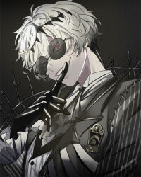  1boy ascot black_background black_crown black_gloves black_hair black_jacket commentary_request crazy_eyes crazy_smile crown diamond_hairband duplicate frilled_sleeves frills gloves gradient_hair grey_hair grin hand_up head_tilt index_finger_raised jacket kicori lapels long_sleeves looking_at_viewer male_focus multicolored_hair open_clothes open_jacket pinstripe_jacket pinstripe_pattern pinstripe_vest pixel-perfect_duplicate red_eyes round_eyewear shirt short_hair simple_background skully_j._graves smile solo striped_clothes striped_jacket striped_vest sunglasses teeth the_nightmare_before_christmas twisted_wonderland upper_body vertical-striped_clothes vertical-striped_jacket vertical-striped_vest vest white_ascot white_hair white_shirt white_vest 