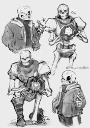  2025 2boys 2d ? armor artist_name black_shorts boots brothers cape closed_eyes commentary cropped_legs cropped_torso digital_media duo english_commentary finger_gun finger_heart gloves greyscale heart heart_hands heart_in_heart_hands height_difference hollow_eyes hood hood_down hooded_jacket humanoid jacket male male_focus male_only mewpet monochrome monster monster_boy multiple_boys on_one_knee one_eye_closed open_clothes open_jacket papyrus_(undertale) sans_(undertale) shirt shorts siblings single_vertical_stripe skeleton slippers socks striped_shorts teeth undead undertale utdr_(toby_fox) valentine vertical-striped_clothes vertical-striped_shorts white_stripes 