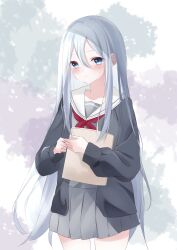  1girl absurdres black_cardigan blue_eyes blue_hair blush cardigan closed_mouth collarbone cowboy_shot dot_nose double-parted_bangs grey_serafuku grey_shirt grey_skirt hair_between_eyes highres holding holding_notebook holding_paper jacket long_hair long_sleeves looking_at_viewer miyamasuzaka_girls&#039;_academy_school_uniform neckerchief notebook open_cardigan open_clothes paper pleated_skirt project_sekai puffy_long_sleeves puffy_sleeves rain_re_a red_neckerchief sailor_collar school_uniform serafuku shirt skirt solo straight_hair sweatdrop very_long_hair white_sailor_collar yoisaki_kanade 