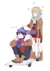  ... 1boy 1girl alternate_costume beanie black_pants blonde_hair blue_feathers blue_scarf blunt_ends blush boots brown_boots brown_coat brown_sleeves cart closed_eyes closed_mouth coat contemporary ear_piercing earmuffs earrings eyelashes eyeliner eyeshadow facing_another feather_hair_ornament feathers flower fringe_trim full_body fur-trimmed_boots fur-trimmed_collar fur_trim genshin_impact gloves hair_flower hair_ornament hat highres interlocked_fingers jewelry light_frown long_sleeves looking_to_the_side lumine_(genshin_impact) makeup mittens nose_blush open_clothes open_coat pants parted_lips piercing plaid_clothes plaid_skirt platform_truck pom_pom_(clothes) pom_pom_beanie popotpat purple_gloves purple_hair purple_hat purple_scarf red_eyeliner red_eyeshadow red_mittens red_shirt red_skirt scaramouche_(genshin_impact) scarf shirt short_hair short_hair_with_long_locks sidelocks sitting skirt smile standing thigh-highs tsurime undershirt violet_eyes white_background white_flower white_mouth white_thighhighs winter_clothes winter_coat wispy_bangs 