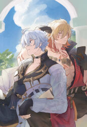  2boys antenna_hair arm_tattoo armor black_choker black_coat black_gloves black_shirt blonde_hair blue_eyes braid chest_tattoo choker coat earrings facial_tattoo fingerless_gloves gloves gold_earrings gold_necklace gradient_hair hashtag-only_commentary highres honkai:_star_rail honkai_(series) jewelry male_focus medium_hair multicolored_hair multiple_boys mydei_(honkai:_star_rail) neck_tattoo necklace nmmm_kani open_clothes open_coat parted_bangs pauldrons phainon_(honkai:_star_rail) red_hair red_tattoo shirt short_hair shoulder_armor side_braid single_pauldron sun_symbol sun_tattoo tattoo white_coat white_hair yellow_eyes 