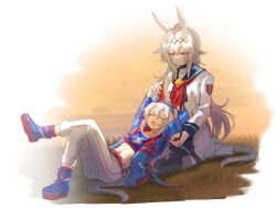  2girls ahoge animal_ears arm_behind_head belt black_pantyhose blue_eyes blue_hairband blue_jacket blue_sailor_collar blue_skirt blue_sports_bra blush brooch closed_eyes closed_mouth crop_top ear_covers ear_ornament fang fingerless_gloves gloves grey_hair grey_tail hair_between_eyes hair_ornament hairband headband highres horse_ears horse_girl horse_tail jacket jewelry koppiaa lap_pillow lightning_bolt_print lightning_bolt_symbol long_hair long_sleeves midriff multicolored_hair multiple_girls navel neckerchief oguri_cap_(starlight_beat)_(umamusume) oguri_cap_(umamusume) open_mouth outdoors pants pantyhose red_belt red_headband red_neckerchief sailor_collar seiza shirt sitting skin_fang skirt smile sports_bra star_brooch striped_clothes striped_hairband tail tamamo_cross_(umamusume) tamamo_cross_(with_lightning_speed)_(umamusume) umamusume umamusume:_cinderella_gray very_long_hair white_jacket white_pants white_shirt 