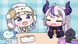  2girls :d ahoge amane_kanata amane_kanata_(nurse) armband arms_up bandaged_arm bandages black_dress blue_background blue_hair blush_stickers braid braided_bangs closed_eyes crow_(la+_darknesss) cup demon_horns dress drinking_glass gloves green_eyes grey_hair hat highres hololive horns la+_darknesss la+_darknesss_(1st_costume) long_hair long_sleeves mochimiko multicolored_hair multiple_girls nurse nurse_cap plaid_background pointy_ears purple_hair single_hair_intake smile streaked_hair table two-tone_hair very_long_hair violet_eyes virtual_youtuber white_dress white_gloves white_hat 