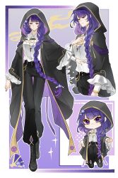  1girl absurdres alternate_costume alternate_universe belt black_belt black_boots black_pants black_robe blunt_bangs boots braid chest_belt chibi chinese_commentary christianity closed_mouth collared_shirt cross cross_necklace expressionless flower frilled_sleeves frills from_side genshin_impact gradient_hair hair_flower hair_ornament hair_over_shoulder hair_ribbon head_tilt highres hood hood_up jewelry jiokexiansheng long_braid long_hair long_sleeves looking_at_viewer looking_down mole mole_under_eye multicolored_hair necklace pants purple_flower purple_hair purple_nails raiden_shogun ribbon robe shade shirt single_braid thigh_gap violet_eyes white_shirt wide_sleeves 