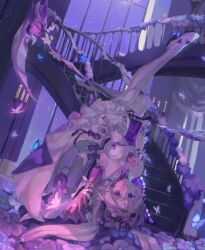  1girl arm_ribbon arm_up asymmetrical_gloves bare_shoulders black_tiara blue_butterfly bow breasts bug butterfly butterfly_earrings butterfly_hair_ornament butterfly_ornament candle candlestand castorice_(honkai:_star_rail) chandelier choker closed_mouth collarbone curtains dress earrings elbow_gloves english_commentary flower flower_ornament frilled_choker frills gloves hair_bow hair_flower hair_ornament high_heels highres honkai:_star_rail honkai_(series) indoors jewelry kiwiteamlp legs_up long_hair looking_at_viewer low-tied_long_hair low_twintails lying medium_breasts night night_sky on_back pink_flower pink_hair pointy_ears purple_bow purple_butterfly purple_choker purple_dress purple_flower purple_gloves purple_sky purple_theme ribbon shoes sky sleeveless sleeveless_dress smile solo stairs star_(sky) starry_sky strapless strapless_dress thigh-highs tiara twintails two-tone_dress violet_eyes white_bow white_dress white_shoes white_thighhighs 