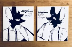  2boys allhoff bat_boy body_fur brothers brown_background carreras finger_in_own_mouth furry furry_male hand_up highres looking_at_viewer male_focus multiple_boys nagabe open_mouth shirt siblings slit_pupils suspenders tongue tongue_out traditional_media twins upper_body winged_arms wings wizdoms_no_kemono-tachi 