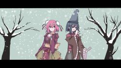  2girls bare_tree blue_hair blue_hat brown_sleeves bun_cover chinese_commentary closed_mouth commentary_request cowboy_shot detached_sleeves double_bun flower green_skirt grey_skirt hair_bun hat highres holding holding_paintbrush ibaraki_kasen juliet_sleeves letterboxed long_sleeves looking_at_viewer miyako_yoshika miyako_yoshika_(living) multiple_girls paintbrush pink_eyes pink_flower pink_hair pink_rose puffy_sleeves que_si_tian_yu_ze red_shirt rose shirt short_hair skirt snow snowing tate_eboshi touhou tree wide_sleeves winter 