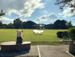  1girl absurdres anya_(spy_x_family) bench blue_sky bond_(spy_x_family) child clouds commentary_request dog drinking_fountain endou_tatsuya hairpods highres holding holding_tablet_pc park photo_background pink_hair sitting sky spy_x_family tablet_pc 