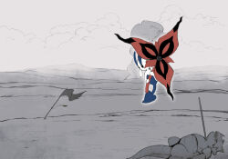  1girl black_eyes blue_skin candle_(allotas) colored_skin commentary corpse dead_animal desert dust flag floating floette floette_(eternal) flower full_body grey_background highres holding holding_flower impaled jewelry multicolored_skin necklace outdoors partially_colored pokemon pokemon_(creature) pokemon_legends:_z-a polearm red_flower rhydon solo_focus two-tone_skin unworn_jewelry unworn_necklace weapon white_skin 