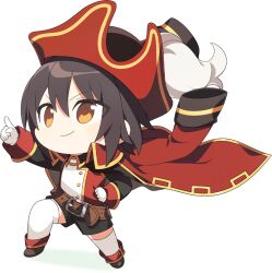  1girl alpha_transparency anime_coloring belt belt_buckle black_shoes black_shorts black_sleeves brown_belt brown_hair buckle buttons chibi chibi_only closed_mouth coat coat_on_shoulders eyes_visible_through_hair full_body gloves gold_buttons hair_between_eyes hand_on_own_hip hat ispin_charles jacket large_belt legs_apart long_sleeves loose_belt nexon no_pupils official_art pirate_hat plume pointing red_coat red_hat red_jacket red_sleeves second-party_source shoes short_hair shorts simple_background sleeve_cuffs smile solo standing tales_weaver thigh-highs transparent_background v-shaped_eyebrows white_gloves white_thighhighs wing_collar yellow_eyes yellow_trim 