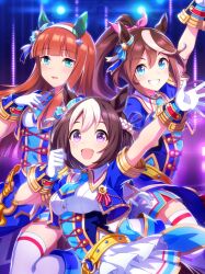  3girls absurdres animal_ears aqua_eyes artist_request back_bow belt blue_bow blue_corset blue_dress blue_eyes blue_necktie blue_wrist_cuffs blunt_bangs bow braid breasts brown_hair buttons clenched_hand corset cowboy_shot dot_nose dress dress_shirt ear_bow ear_covers ear_ornament eyelashes frilled_skirt frills game_cg glorious_azure_costume_(umamusume) gloves grin hair_bow hair_ornament hair_ribbon hairband half_up_braid hand_on_own_chest happy high_ponytail highres horse_ears horse_girl idol light_blush long_hair medium_breasts miniskirt multicolored_hair multiple_girls necktie o-ring o-ring_belt official_art open_mouth orange_hair outdoors outstretched_arm pink_bow ponytail purple_ribbon ribbon shirt shirt_under_dress short_sleeves sidelocks silence_suzuka_(umamusume) skirt smile sparkle special_week_(umamusume) stage stage_lights standing studded_belt tareme thigh-highs tokai_teio_(umamusume) tsurime two-tone_hair umamusume very_long_hair violet_eyes waving white_gloves white_hair white_hairband white_shirt white_skirt white_thighhighs wrist_cuffs yellow_belt 