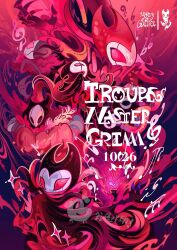  1girl 3boys arthropod_boy arthropod_girl black_cape black_skin blue_background brumm_(hollow_knight) cape claws collar colored_skin colorful_background crankypigeon divine_(hollow_knight) dual_persona english_text eyelashes gauntlets grimm_(hollow_knight) highres hollow_eyes hollow_knight horns looking_at_viewer looking_to_the_side looking_up mask mature_female mature_male multiple_boys musical_note no_pupils one_eye_closed pink_background pink_eyes pink_fur pink_star purple_aura purple_background red_aura red_background red_collar red_eyes red_fur red_skin single_gauntlet smile sparkle star_(symbol) striped_background thick_eyelashes white_mask 
