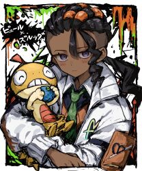  1boy ^_^ absurdres berry berry_(pokemon) black_hair blush border carrying closed_eyes closed_mouth dot_nose dreadlocks food frown green_necktie griffon0416 highres holding holding_food holding_pokemon jacket long_hair long_sleeves male_focus naveen_(pokemon) necktie oran_berry orange_vest pokemon pokemon_(creature) pokemon_legends:_z-a sanpaku scrafty single_bang solo teeth translation_request upper_body vest violet_eyes white_border white_jacket wing_collar 