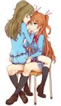  2girls blue_eyes chair couple eye_contact green_hair hand_on_ass hands_on_another&#039;s_cheeks hands_on_another&#039;s_face heart houjou_hibiki light_smile long_hair looking_at_another minamino_kanade minatsuki_randoseru multiple_girls orange_hair precure school_uniform simple_background sitting sitting_on_lap sitting_on_person suite_precure white_background yuri 