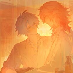  2boys absurdres antenna_hair blonde_hair blue_eyes braid chinese_commentary collared_shirt commentary gradient_hair highres honkai:_star_rail honkai_(series) male_focus medium_hair multicolored_hair multiple_boys mydei_(honkai:_star_rail) neck_tattoo parted_bangs phainon_(honkai:_star_rail) red_hair shirt short_hair side_braid sun_symbol sun_tattoo tattoo white_hair white_shirt yellow_eyes yuqiu777 