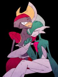  2others angry arm_blade armor battle_damage bisharp black_background broken broken_armor colored_skin cracked_armor cracked_helmet cracked_skin defeat dirt dirty dirty_face facing_another gallade green_hair grey_helmet grey_trim grimace hand_on_ground helmet high_contrast highres holding_hands injury leaning_on_person looking_at_viewer mohawk multicolored_skin multiple_others on_ground pokemon pokemon_(creature) pokemon_focus red_helmet red_trim scratches shoulder_pads sitting two-tone_helmet two-tone_skin umi-be-to weapon wide_hips 