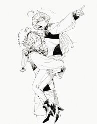  2girls arms_around_waist asticassia_school_uniform blush boots closed_eyes commentary_request greyscale gundam gundam_suisei_no_majo hairband high_heel_boots high_heels highres miorine_rembran monochrome multiple_girls oosawa_yayoi open_mouth pantyhose pointing ponytail school_uniform shorts suletta_mercury thick_eyebrows 