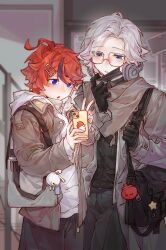  2boys :o absurdres ahoge alternate_costume aotsuki_eito bag black_bag black_gloves black_pants black_shirt black_streaks blue_eyes cellphone character_charm charm_(object) chinese_commentary commentary_request glasses gloves grey_bag grey_hair grey_jacket grey_scarf hair_ornament hairclip highres holding holding_phone jacket jacket_over_hoodie looking_at_phone male_focus mask mask_pull mouth_mask multicolored_hair multiple_boys open_clothes open_jacket pants phone red_hair ringed_eyes scarf selfie shirt short_hair shoulder_bag smartphone streaked_hair sumino_takumi the_hundred_line_-last_defense_academy- v variant_set violet_eyes waiaaaaaaa 