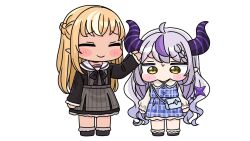  2girls ahoge black_shirt black_shoes blonde_hair blue_dress blush_stickers braid braided_bangs brown_eyes chibi closed_eyes closed_mouth demon_horns dress elf grey_dress highres hololive horns la+_darknesss long_hair looking_down mochimiko multicolored_hair multiple_girls plaid_clothes plaid_dress pleated_dress pointy_ears purple_hair shiranui_flare shiranui_flare_(street) shirt shoes simple_background small_sweatdrop smile standing streaked_hair striped_clothes striped_dress sweat vertical-striped_clothes vertical-striped_dress very_long_hair virtual_youtuber white_background yurie_mouth 