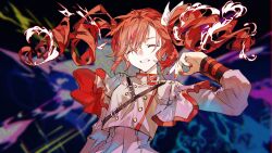 1girl drill_hair grey_jacket highres jacket karanagare kasane_teto kasane_teto_(sv) long_hair red_hair red_trim shoulder_belt side_ponytail skirt sleeve_cuffs solo striped_clothes striped_jacket striped_skirt synthesizer_v twin_drills twintails utau