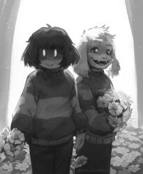 1boy 1other 2025 2d ambiguous_gender animal_ears anthro artist_name asriel_dreemurr barefoot chara_(undertale) commentary digital_media droopy_ears duo english_commentary fangs floppy_ears flower furry furry_male goat goat_boy goat_ears greyscale holding holding_flower horizontal-striped_clothes human inktober male mammal mewpet monochrome monster monster_boy pants shaded_face short_hair single_horizontal_stripe smile striped_clothes striped_sweater sweater two-tone_shirt undertale utdr_(toby_fox) |_| 