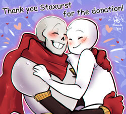  1boy 1other 2021 2d ambiguous_gender anonymous armor aura blush cape carrying carrying_person closed_eyes comic_sans digital_media duo floral_background gloves happy heart height_difference hug humanoid male mmhinman monster monster_boy outline papyrus_(undertale) purple_background red_cape red_gloves simple_background skeleton smile teeth text thank_you undead undertale utdr_(toby_fox) white_armor white_outline 