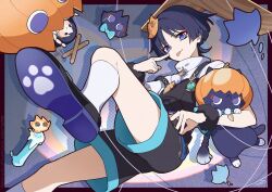  1boy akanbe anemo_symbol_(genshin_impact) animalization apollo_hotori aqua_gemstone black_cat black_hair black_overalls black_shoes blunt_ends bright_pupils candle candlelight casual cat cat_hair_ornament character_doll contemporary doll eyelid_pull eyeliner eyeshadow feathers feet finger_to_cheek fingernails foot_focus foot_up foreshortening fur_wrist_cuffs gem genshin_impact gold hair_ornament halloween halloween_costume index_finger_raised kneehighs looking_at_viewer makeup male_focus marionette marionette_controller official_alternate_costume overalls parted_bangs paw_print_soles person_and_animalization pom_pom_(clothes) pumpkin_hat puppet puppet_strings red_eyeliner red_eyeshadow scaramouche_(cat)_(genshin_impact) scaramouche_(genshin_impact) shirt shoes short_sleeves socks tongue tongue_out tsurime undershirt violet_eyes vision_(genshin_impact) wanderer_(genshin_impact) white_pupils white_shirt white_sleeves white_socks wispy_bangs wrist_cuffs yellow_feathers 