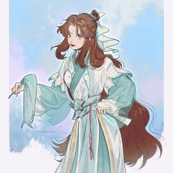  1girl aqua_hanfu bindi blue_sky brown_hair chinese_clothes cowboy_shot day eyeliner folding_fan genderswap genderswap_(mtf) green_eyes green_sash green_trim hair_bun hair_ribbon hand_fan hand_on_own_hip hanfu highres holding holding_fan hossu layered_sleeves long_hair long_sleeves looking_at_viewer makeup masyanajoy outdoors parted_bangs pillarboxed red_eyeliner red_lips ribbon sash shi_qingxuan short_over_long_sleeves short_sleeves sidelocks single_hair_bun sky smile solo sparkle tianguan_cifu two-tone_hanfu wavy_hair wide_sleeves 