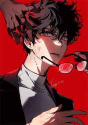  1boy amamiya_ren black_hair black_jacket bruise crack cracked_glass glasses hair_between_eyes hand_on_another&#039;s_head highres injury jacket looking_at_viewer male_focus persona persona_5 red_background red_eyes school_uniform shirt short_hair shuujin_academy_school_uniform simple_background sweater turtleneck tuxedo_cat white_shirt white_sweater yoteh 