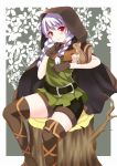  1girl belt braid cape cloak dragon&#039;s_crown elf_(dragon&#039;s_crown) gloves hood long_hair pointy_ears red_eyes rin_ateria silver_hair smile solo squirrel thighhighs twin_braids 