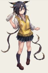  1girl animal_ears black_hair black_skirt black_socks blush bottle breasts brown_eyes brown_hair closed_mouth collared_shirt ear_covers gradient_eyes hair_between_eyes holding holding_bottle horse_ears horse_girl horse_tail kneehighs long_hair looking_at_viewer multicolored_eyes multicolored_hair pleated_skirt shirt shoes simple_background skirt sleeves_rolled_up smile socks solo stay_gold_(umamusume) streaked_hair sweater sweater_vest tail umamusume violet_eyes water_bottle white_hair white_shirt yanagi_wakana yellow_sweater yellow_sweater_vest 